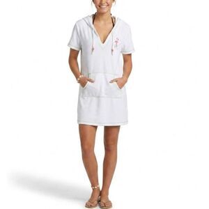 Quacker Factory Women's White Pink Flamingo Detail SS Hooded Cover Up Size L